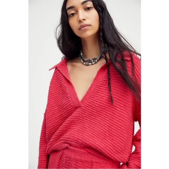 Free People Beach Carter Collared V Neck Polo Sweater Textured Fuchsia - Picture 5 of 7